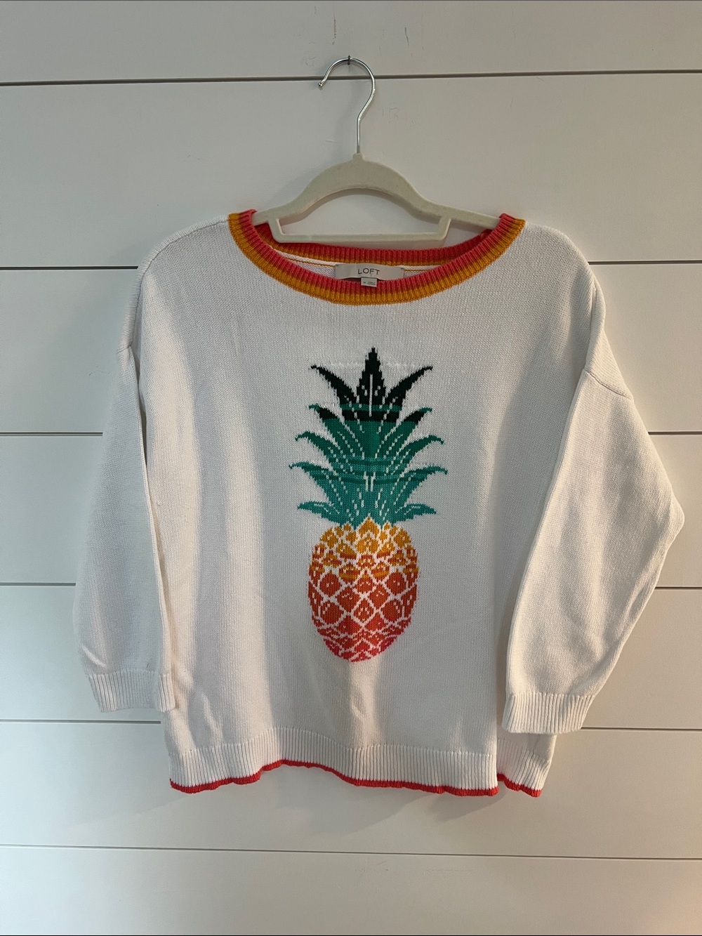 LOFT White Crewneck 3/4 sleeve Sweater with Colorblock Trim and Pineapple Motif
